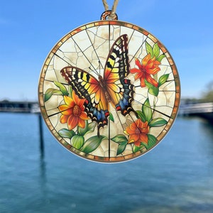 Butterfly With Flower Suncatcher, Butterfly Acrylic Window Hanging Decor, Stained Glass Butterfly, Housewarming Gift