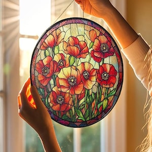 Red Poppy Flower Glass Suncatcher, Poppy Suncatcher Decor, Flower Glass Art, Window Hangings, Gift For Her, Home Decor
