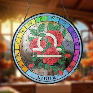 Libra Zodiac Birthday Glass Suncatcher, Flower Birthday Gift, Horoscope Suncatcher Decor, Astrology Lovers Gift, Birthday Gift Women