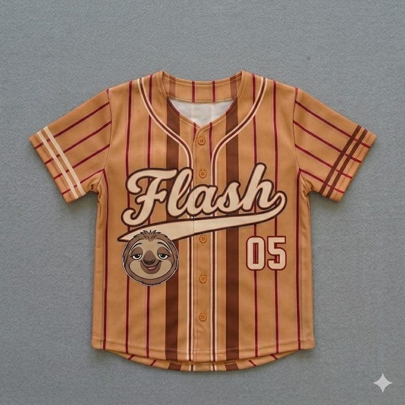 May include: Tan baseball jersey with brown and red stripes, featuring the word "Flash" in a script font, a sloth graphic, and the number "05". The jersey has a button-up front and short sleeves.
