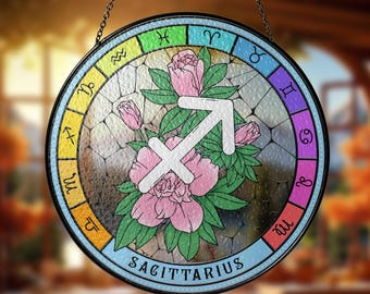Sacittarius Zodiac Birthday Glass Suncatcher, Flower Birthday Gift, Horoscope Suncatcher Decor, Astrology Lovers Gift, Birthday Gift Women