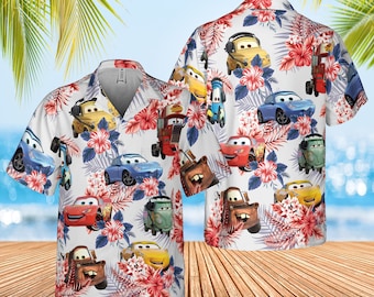 Car Pixar Hawaiian 4th Of July Shirt, Car Aloha Shirt, Lightning Mcqueen Hawaiian Shirt ,Cars Land Hawaiian Shirt, Summer Family Trip