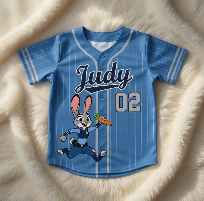 Puede incluir: Camiseta de b&eacute;isbol azul claro con rayas blancas, con el nombre "Judy" y el n&uacute;mero "02". Una imagen de dibujos animados de un conejo sosteniendo una zanahoria est&aacute; en la parte delantera. La camiseta tiene una parte delantera abotonada y ribetes blancos en las mangas.