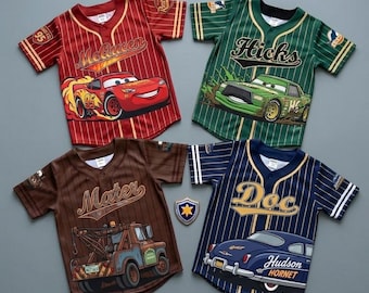Custom Cars Birthday Baseball Jersey Kids, Lightning McQueen Family Matching Shirt, Personalized Name Number Birthday Boy Squad Outfit