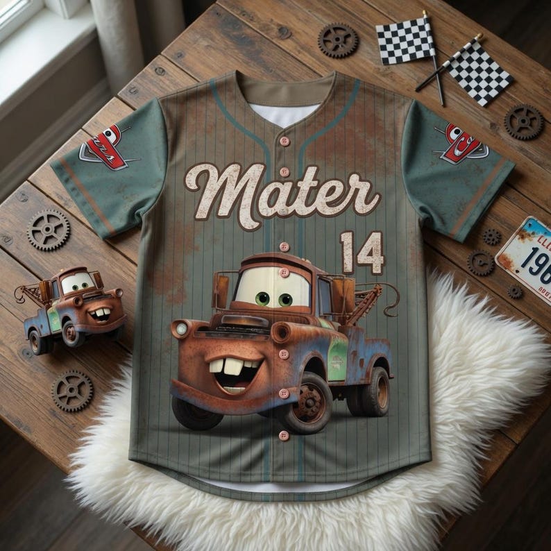 Bilar filmen basebolltröja, McQueen Mater Doc Hudson Sally kritstrecksrandig skjorta, Disney familjesemestertröja, racingteampresent, sportig t-shirt bild 3