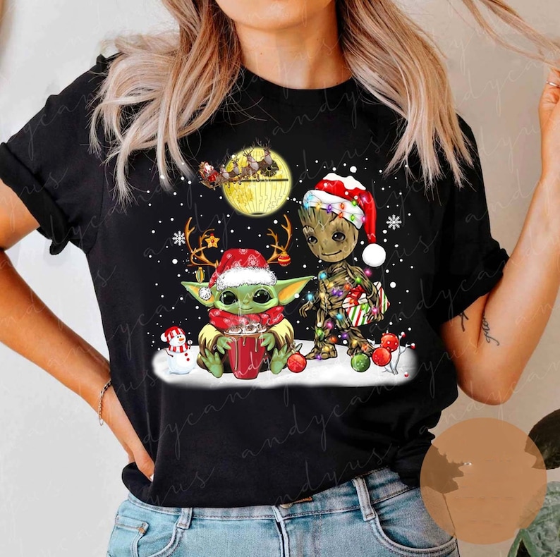 Baby Yoda Groot Christmas Shirt, Disney Star Wars Christmas Shirt, Winter Coffee Sweatshirt, Women Christmas Sweater, Disney Coffee Shirt image 2