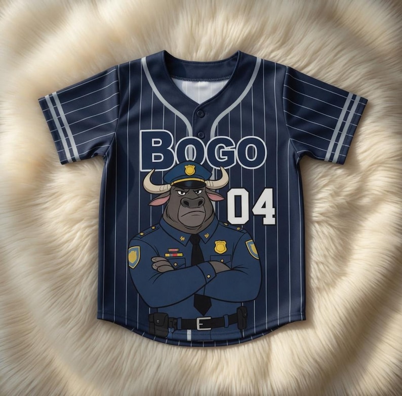 Puede incluir: Camiseta de b&eacute;isbol azul marino con finas rayas blancas, con la palabra "BOGO" y el n&uacute;mero "04" en blanco. La camiseta presenta una ilustraci&oacute;n de dibujos animados de un toro con uniforme de polic&iacute;a. La camiseta tiene mangas cortas.