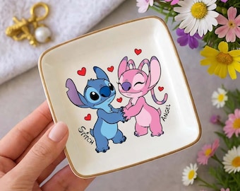 Custom Disney Ring Dish, Stitch and Angel couple Tray, Personalized Engagement Ring Holder, Disney Wedding Gift, Cute Bridal Jewelry Tray