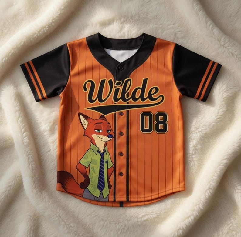 Puede incluir: Camiseta de b&eacute;isbol naranja con mangas y detalles en negro. Presenta el nombre "Wilde" y el n&uacute;mero "08" en negro. Un personaje de zorro de dibujos animados est&aacute; en la parte delantera. La camiseta tiene una botonadura.