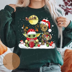 Baby Yoda Groot Christmas Shirt, Disney Star Wars Christmas Shirt, Winter Coffee Sweatshirt, Women Christmas Sweater, Disney Coffee Shirt image 1