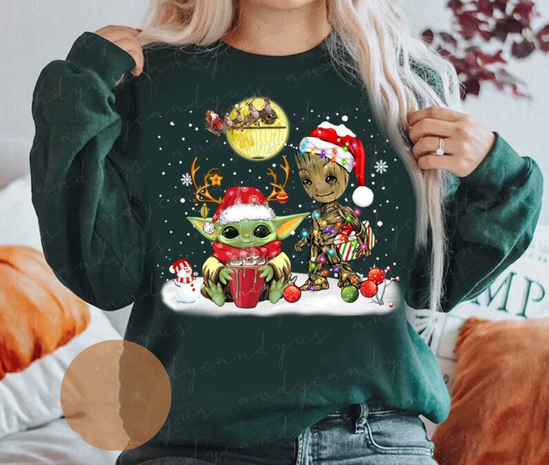 Baby Yoda Groot Christmas Shirt, Disney Star Wars Christmas Shirt, Winter Coffee Sweatshirt, Women Christmas Sweater, Disney Coffee Shirt image 1