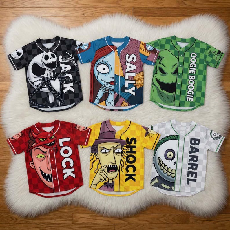May include: Six baseball-style jerseys featuring characters from The Nightmare Before Christmas. Designs include Jack Skellington, Sally, Oogie Boogie, Lock, Shock, and Barrel. Each jersey has a unique color scheme and character graphic, with character names printed on the front.