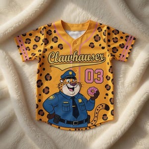 Puede incluir: Camiseta de b&eacute;isbol amarilla con estampado de leopardo y el nombre "Clawhauser" en cursiva. La camiseta presenta un leopardo de dibujos animados con uniforme de polic&iacute;a sosteniendo una rosquilla, con el n&uacute;mero "03" en rosa.