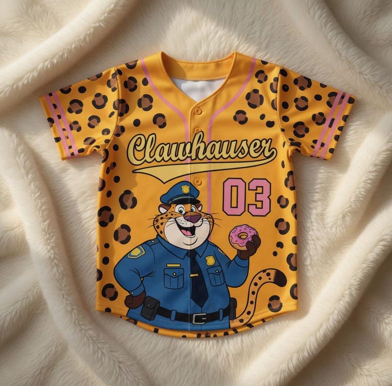 Puede incluir: Camiseta de b&eacute;isbol amarilla con estampado de leopardo y el nombre "Clawhauser" en cursiva. La camiseta presenta un leopardo de dibujos animados con uniforme de polic&iacute;a sosteniendo una rosquilla, con el n&uacute;mero "03" en rosa.