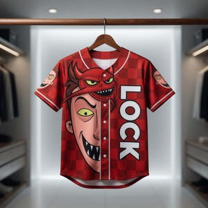 May include: Red baseball jersey with a cartoon graphic of a devil character. The jersey has a checkered pattern and the word "LOCK" printed vertically. White trim accents the collar and sleeves.