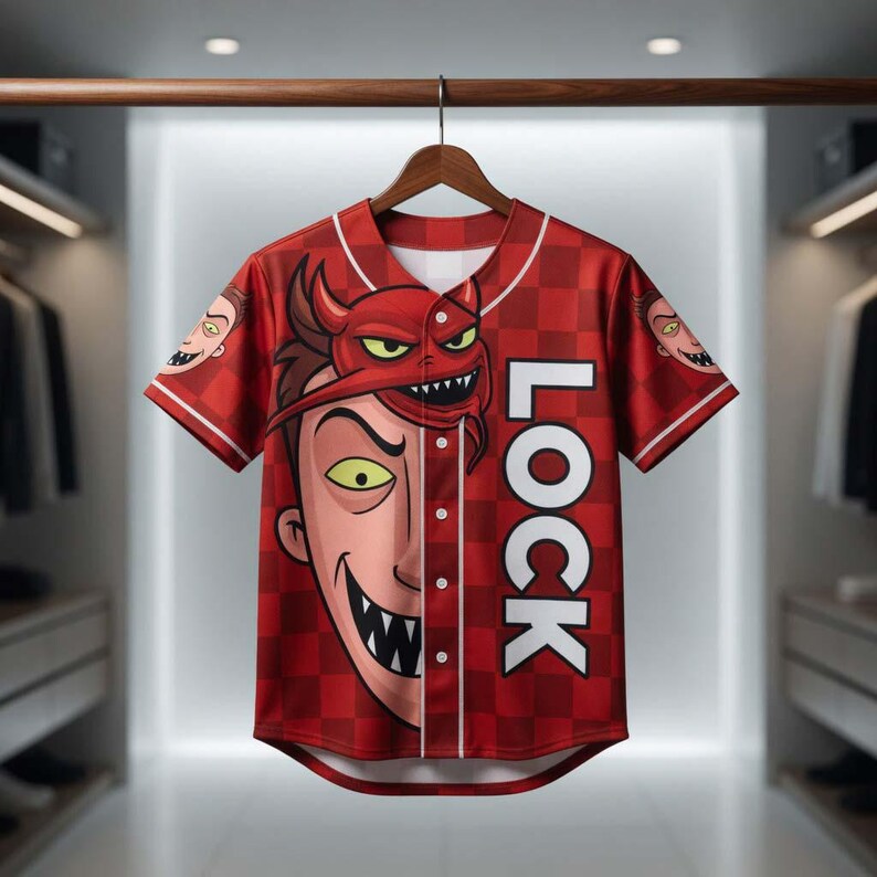 May include: Red baseball jersey with a cartoon graphic of a devil character. The jersey has a checkered pattern and the word "LOCK" printed vertically. White trim accents the collar and sleeves.