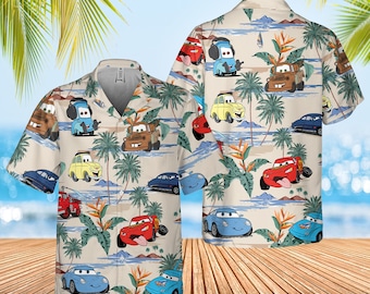 Camisa hawaiana de Cars, camisa hawaiana de verano de Rayo McQueen y Doc Hudson, camisa hawaiana de Cars, camisa hawaiana de botones de Cars Pixar, Halloween de verano