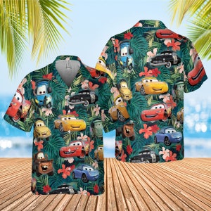 Cars Hawaiian Shirt, Lightning McQueen Doc Hudson Summer Hawaiian, Car Aloha Shirt, Car Pixar Hawaiian Button Downs Shirt, Halloween Summer