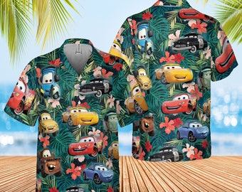 Cars Hawaiian Shirt, Lightning McQueen Doc Hudson Summer Hawaiian, Car Aloha Shirt, Car Pixar Hawaiian Button Downs Shirt, Halloween Summer