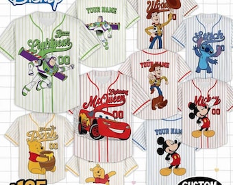 Personalize Pixar Characters Striped White Jersey, Custom land Baseball Team, Mickey Mouse Birthday, Gift for Fans