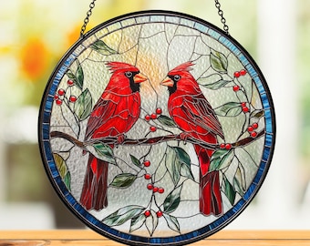 Two Cardinals Glass Suncatcher, Red Bird Glass Art, Gifts for Women, Window Hanging, Indoor Decor, Memorial Gift