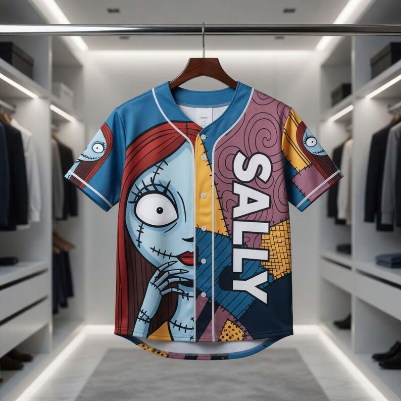 May include: A short-sleeved baseball jersey featuring a split design with the character Sally from The Nightmare Before Christmas. The left side shows Sally's face, while the right side has patchwork patterns and the name "SALLY" in white.