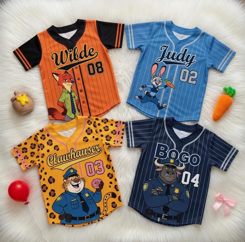 Puede incluir: Cuatro camisetas de b&eacute;isbol con personajes de Zootopia. Las camisetas son naranja, azul, amarilla y azul marino, cada una con el nombre y el n&uacute;mero de un personaje. La camiseta naranja tiene "Wilde" y "08", la azul tiene "Judy" y "02", la amarilla tiene "Clawhauser" y "03", y la azul marino tiene "Bogo" y "04".