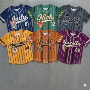 May include: Six baseball jerseys in various colors, each with a character name and number. The jerseys feature vertical stripes and character illustrations. Colors include blue, green, grey, yellow, orange, and purple. The names include "Judy", "Nick", "Bogo", "Clawhauser", "Flash", and "Gazelle".
