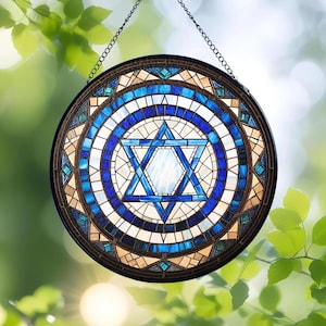 Jewish Star of David Glass Suncatcher, Hanukkah Sun Catcher Decor, Jewish Menorah Window Hanging, Israel Flag Colors