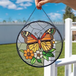 Butterfly With Flowers Suncatcher, Monarch Butterfly Glass Suncatcher, Gift for Butterfly Lovers, Flower Glass Art, Window Hangings