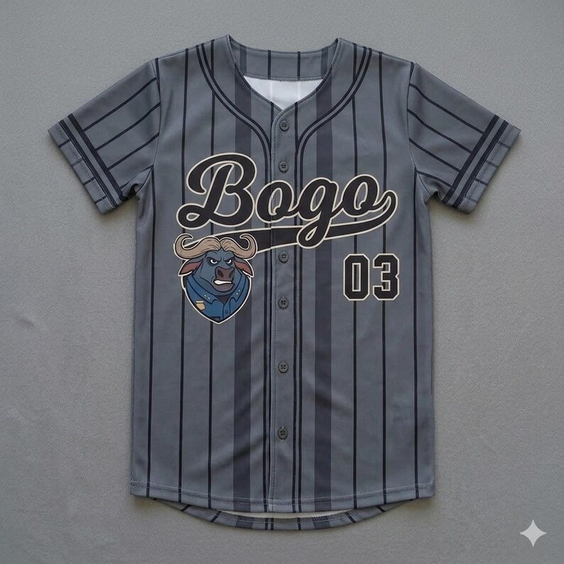 May include: Gray baseball jersey with black vertical stripes. The jersey features the name "Bogo" in a script font, a cartoon bull graphic, and the number "03". The jersey has a button-up front and short sleeves.
