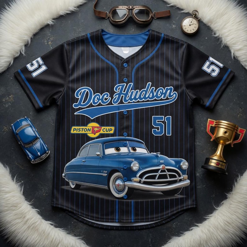 Bilar filmen basebolltröja, McQueen Mater Doc Hudson Sally kritstrecksrandig skjorta, Disney familjesemestertröja, racingteampresent, sportig t-shirt bild 5