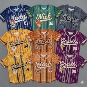 May include: Baseball-style jerseys in various colors, featuring character names and numbers. Designs include "Judy," "Nick," "Bogo," "Clawhauser," "Flash," and "Gazelle." Each jersey has a unique color scheme and character graphic.