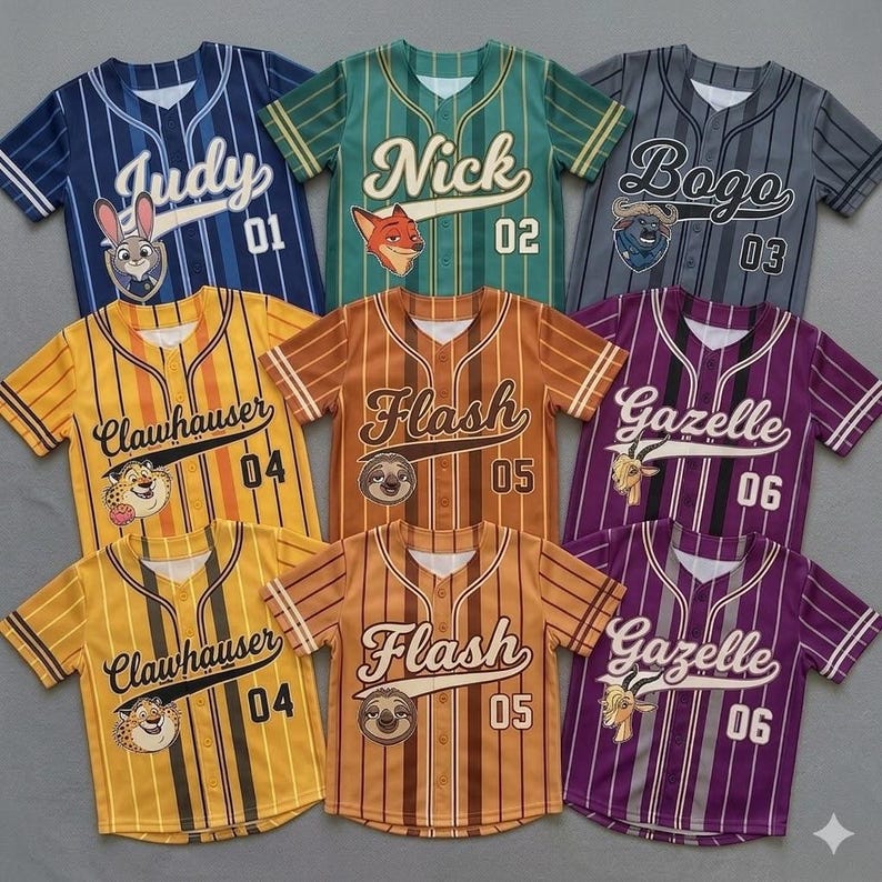 May include: Baseball-style jerseys in various colors, featuring character names and numbers. Designs include "Judy," "Nick," "Bogo," "Clawhauser," "Flash," and "Gazelle." Each jersey has a unique color scheme and character graphic.