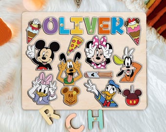 Personalized Wooden Name Puzzle With Mickey And Friends, Custom Toy for children, Newborn Puzzle, Montessori Toy, Gift for Boys Girls