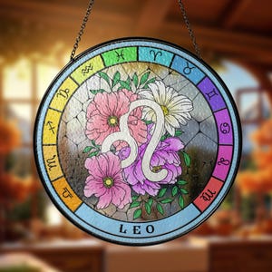 Leo Zodiac Birthday Glass Suncatcher, Flower Birthday Gift, Horoscope Suncatcher Decor, Astrology Lovers Gift, Birthday Gift Women