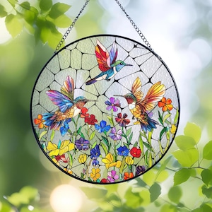 Hummingbird & Flowers Glass Art, Hummingbirds Glass Suncatcher, Hummingbird Lover Gift, Hummingbird Ornament, Window Hangings