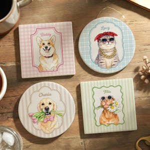 Custom Pet Photo Watercolor Art Striped Pattern Ceramic Coaster, Personalized Dog Cat Portrait Gift, Cute Gingham Pet Memorial Drink Coaster