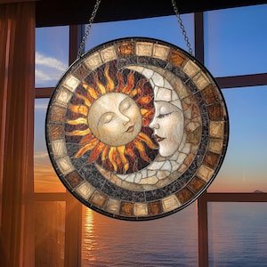 Sun And Moon Glass Suncatcher, Sun & Moon with Faces Window Hanging, Housewarming Gift, Gift for Her, Home Decoration