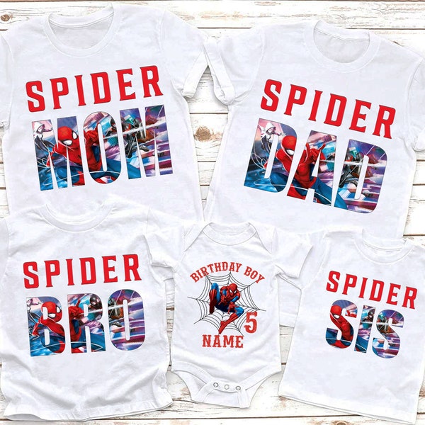 Camicia personalizzata per il compleanno di Spiderman, compleanno della famiglia Spiderman, Spider Dad, Spider Mom, Spider Boy, Birthday Boy Matching