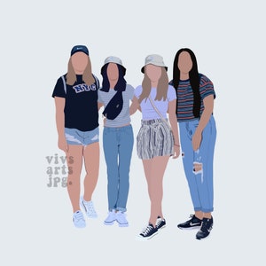 May include: Four friends are standing together, wearing casual clothing. They are all smiling and looking at the camera. The woman on the left is wearing a blue and white striped shirt, the woman in the middle is wearing a white shirt with a black and white striped skirt, the woman on the right is wearing a blue shirt with a white and blue striped skirt, and the woman in the back is wearing a black shirt with a white and blue striped skirt.