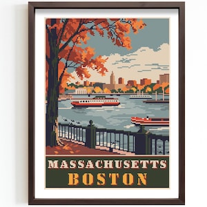 May include: Cross stitch pattern of a vintage travel poster for Boston, Massachusetts. The poster features a cityscape with a river, boats, and autumn foliage. The text "MASSACHUSETTS BOSTON" is at the bottom of the poster.