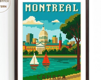 May include: Framed cross stitch pattern featuring a Montreal cityscape. The artwork includes the word "MONTREAL" at the top, a blue sky, and a river with sailboats. The frame is dark brown, and the text "CROSS STITCH PATTERN" is in the upper left corner.