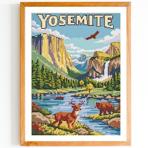 May include: A framed cross-stitch pattern featuring a pixelated landscape of Yosemite National Park. The artwork depicts a river, mountains, trees, a waterfall, a deer, a bear, and an eagle. The word "YOSEMITE" is at the top.