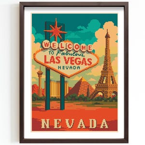 Könnte beinhalten: Kreuzstichmuster mit einer Retro-Illustration des Las Vegas Willkommens-Schilds mit dem Eiffelturm im Hintergrund. Das Schild lautet "Welcome to Fabulous Las Vegas, Nevada".