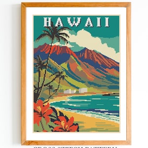 May include: Cross stitch pattern of a vintage travel poster for Hawaii. The poster features a mountain range, palm trees, a beach, and ocean. The text "HAWAII" is at the top of the poster.