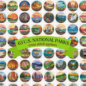Ensemble de 63 mini grilles de point de croix dans les parcs nationaux/ Grand Canyon, Glacier, Yosemite, Yellowstone, Sion, Acadia,.../ Téléchargement instantané en PDF