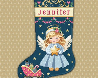 Blue Angel Christmas Stocking Cross Stitch Pattern (Digital PDF) - Needlepoint - Medium Size