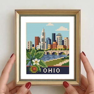 Pode incluir: Um bordado em ponto cruz emoldurado que retrata um horizonte urbano colorido com edifícios altos, uma ponte sobre um rio e uma planta verde com uma flor branca em primeiro plano. A palavra OHIO está bordada em letras maiúsculas brancas.