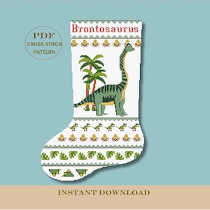 Patrón de punto de cruz de calcetín navideño de dinosaurios / Decoración navideña DIY para bordado / Descarga instantánea en PDF - Tamaño mediano